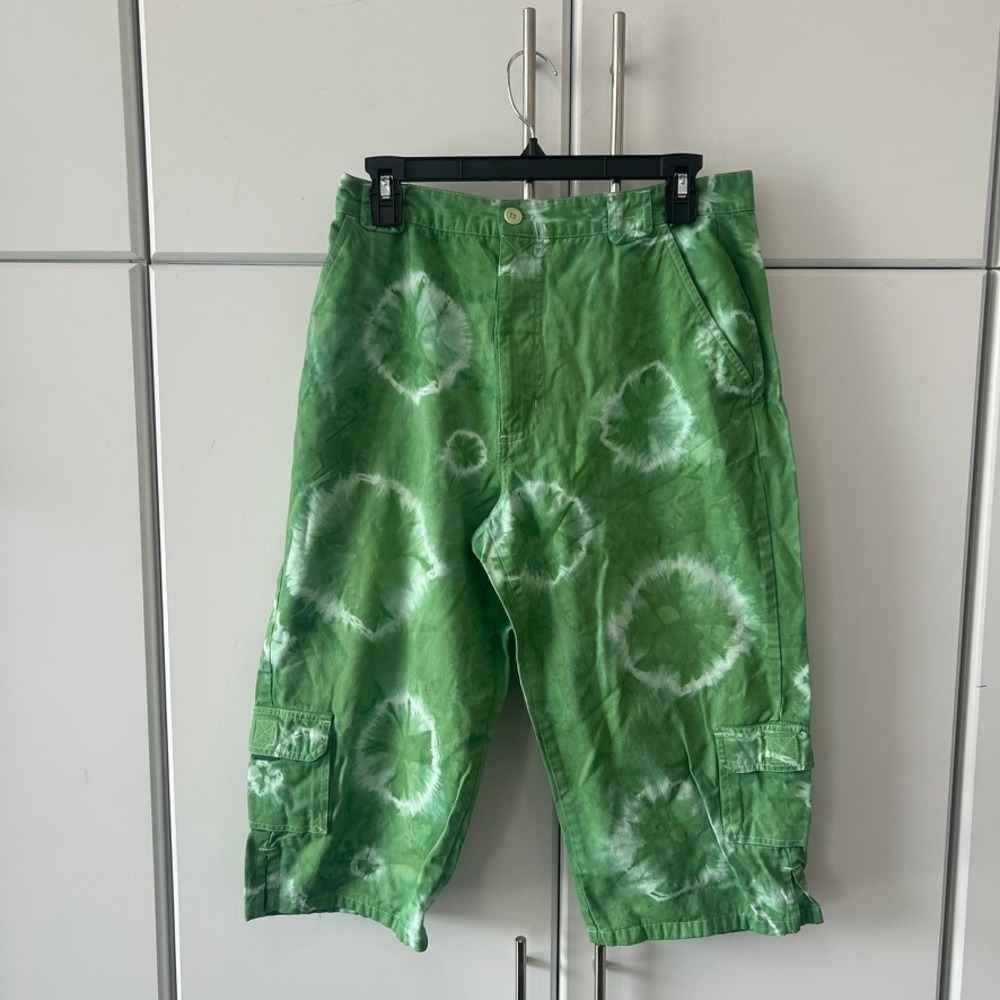 North Crest Green‎ Tie Dye Cargo Capri Pants Womens Size 12 Cotton Cropped Green